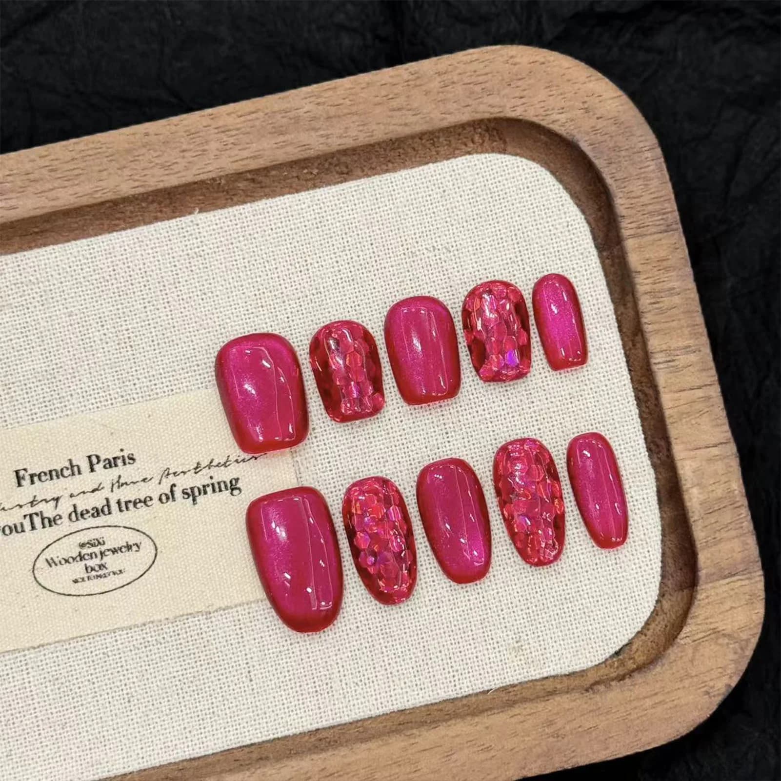 10 pieces handmade print on pink nails red flash sequins almond nails fake wearable glitter picaya color cat eye fingertips