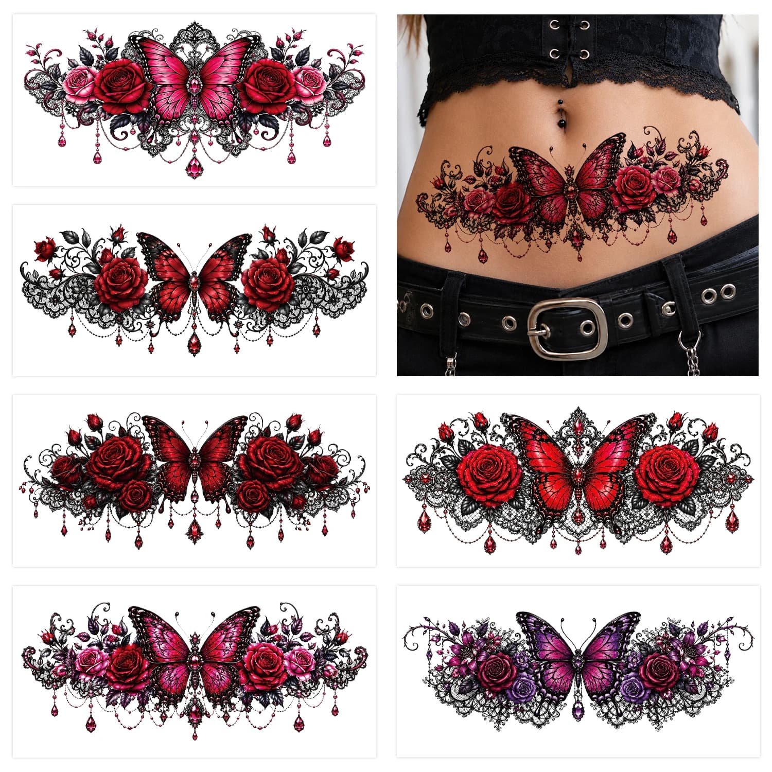 Gothic Large Sexy Lace Red Rose Temporary Tattoos for Women Thigh, Realistic Flower Rose Fake Tattoo Chest Half Arm Sleeve, Colo