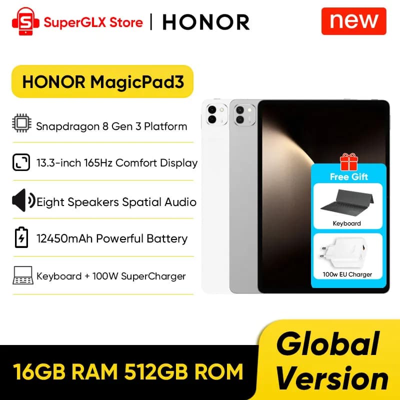 Versione Globale HONOR MagicPad 3 Tablet Android 2025 Snapdragon 8 Gen 3 Schermo IPS LCD 13.3'' 165Hz Batteria 12450mAh Ricarica Rapida 100W
