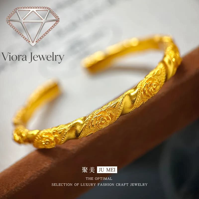 Gioielli Viora, design di nicchia di lusso leggero, vintage retrò, bracciale aperto in oro vero 24K con incisione a rosa 9999, bracciale ad anello semplice, idea regalo