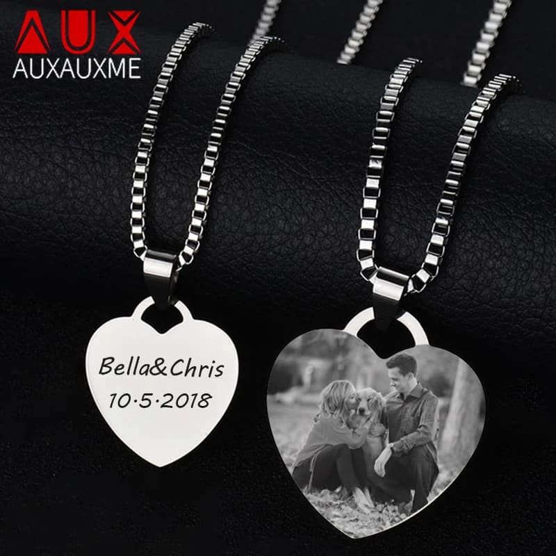 Auxauxme Necklace with custom engraved photo Stainless steel Women's Name Laser Engraved Date Logol Box with Photo Chain Round neck Jewelry