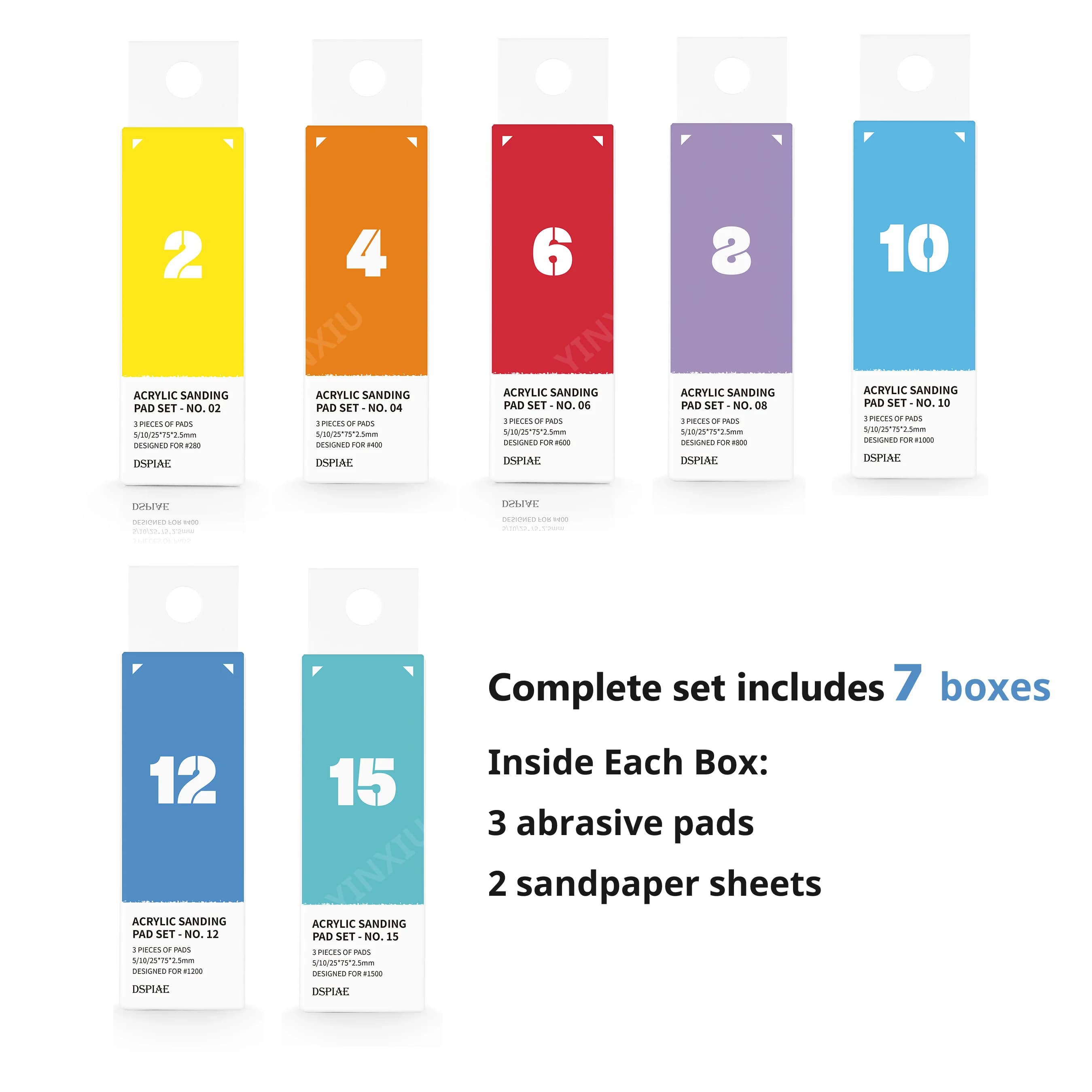 DSPIAE Tamponi abrasivi acrilici Set di 7 scatole di carta vetrata autoadesiva gratuita per lucidatura Gundam Nub e modellismo Strumenti fai da te per hobby