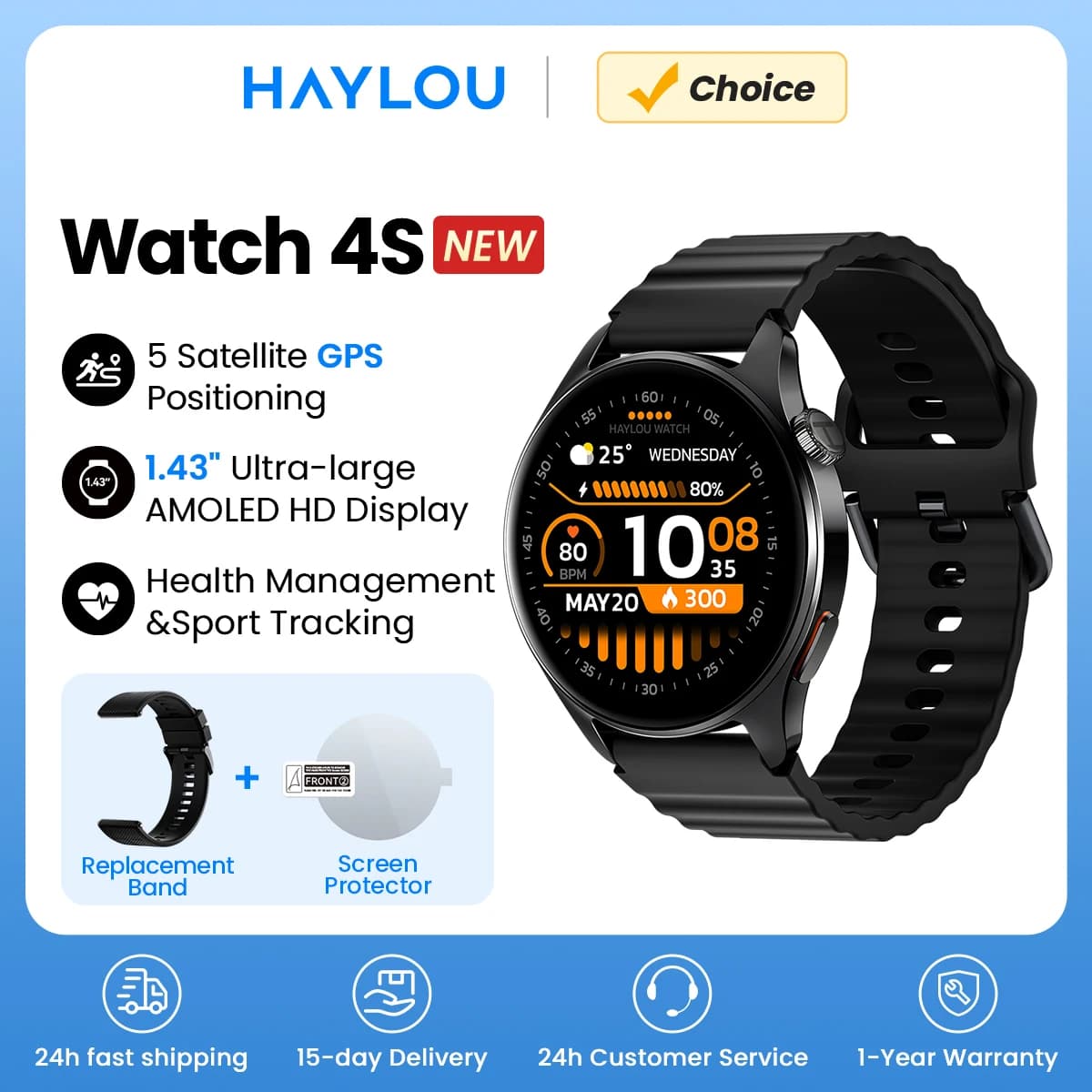 HAYLOU Watch 4S(HF012) Smartwatch GPS con Display AMOLED HD da 1,43”, Posizionamento GPS a 5 Satelliti, 120+ Modalità di Allenamento, Orologio Intelligente per Sport e Fitness