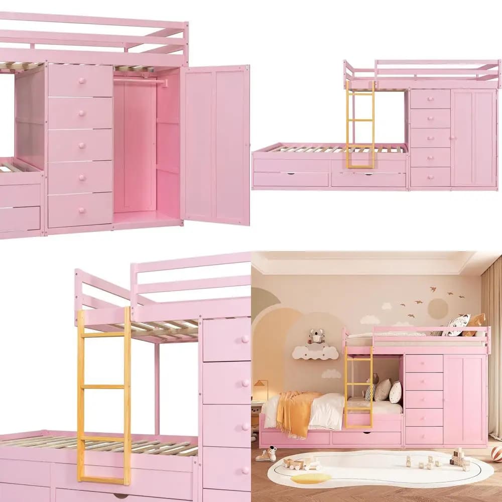 Full Size Pink Castle Bed with Cassetti Contenitori, Armadio, Scala e Sponde di sicurezza per Bambini e Adulti - Easy Assembly, Without Box Spring
