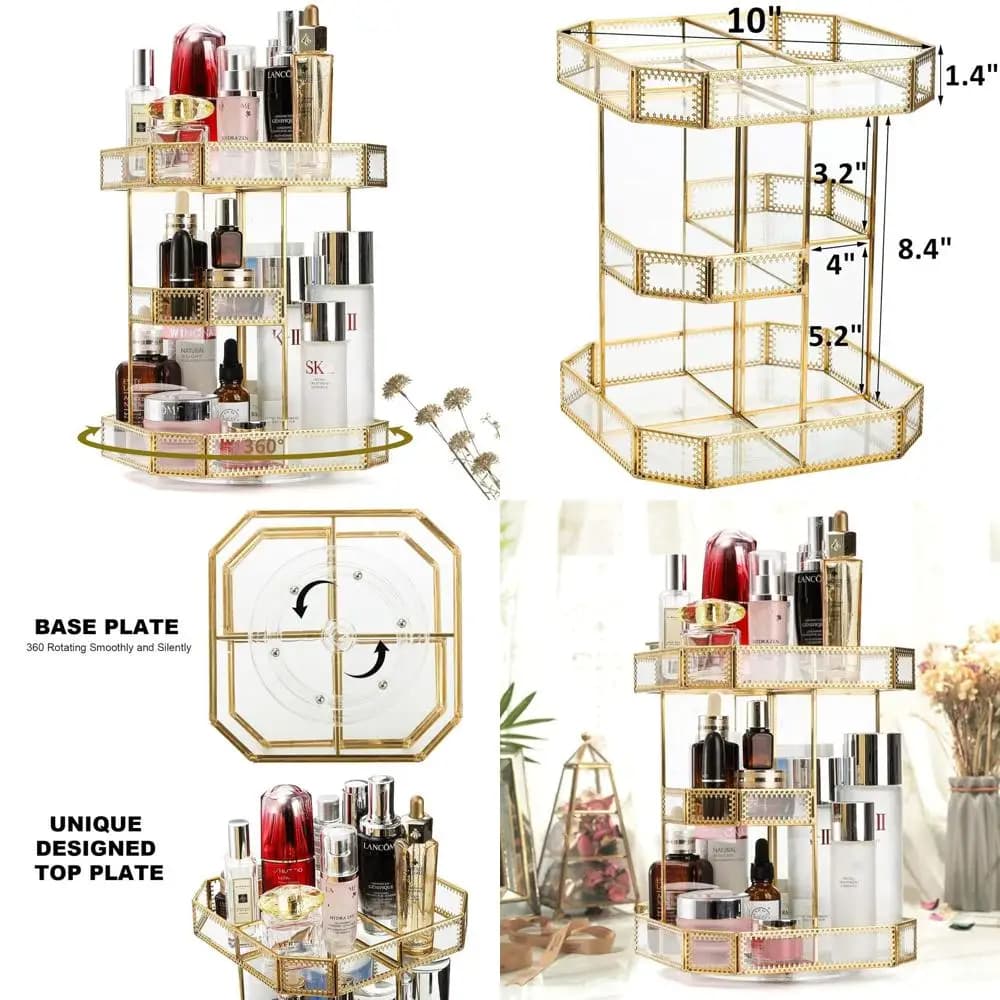 Large 360 ° Organizer for swivel glass tricks with golden accents for vanity, visualization of cosmetics, brushes and perfumes