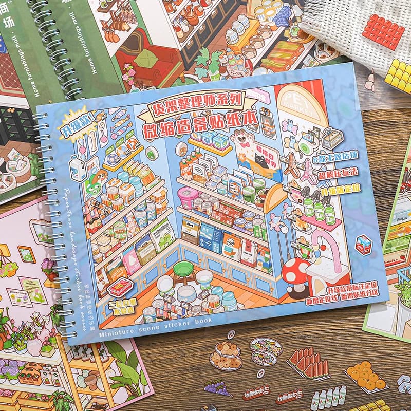 Mr. Paper 1 Book Miniature Scene Sticker Book with Positioning Shelf Organizer 3D Dollhouse Quiet Book DIY Stationary Sticker