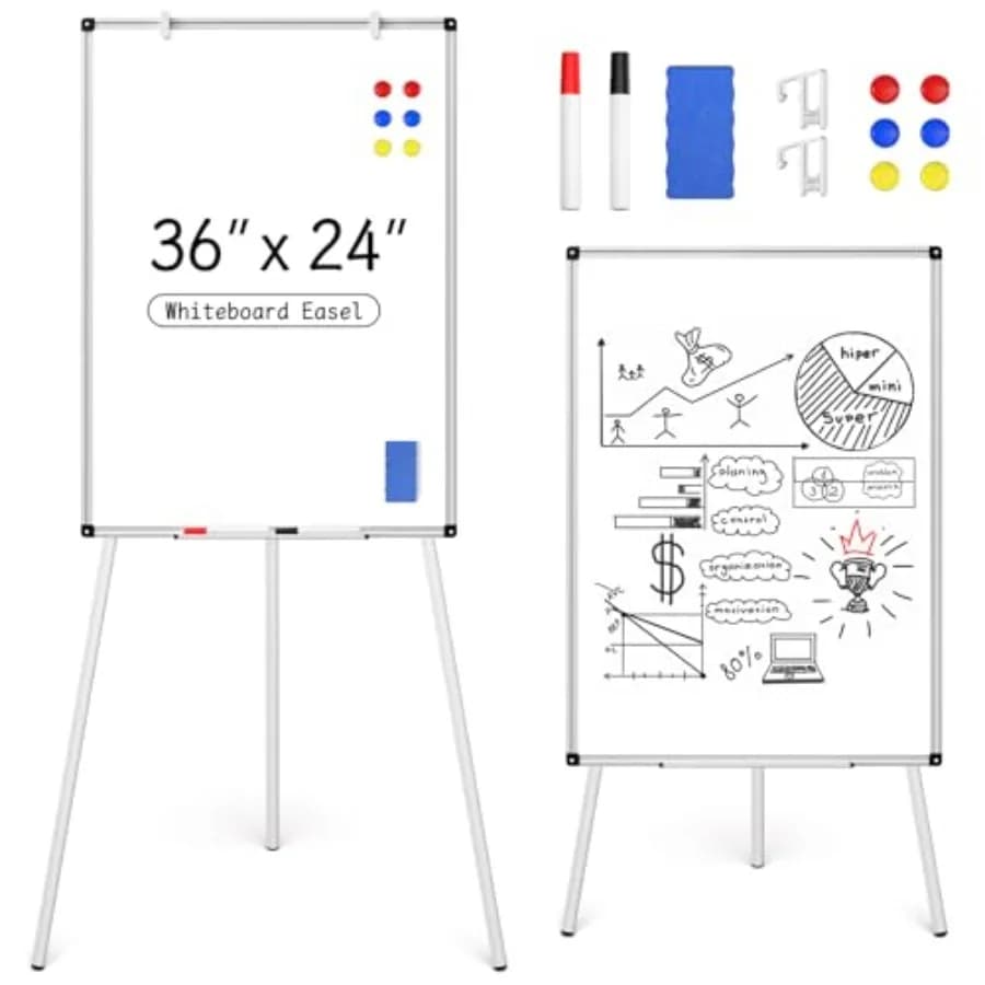 Lavagna magnetica bianca con supporto a treppiede regolabile in altezza 36 x 24 pollici (91 x 61 cm) - Lavagna cancellabile a secco con supporto per flipchart 3' x 2' (76 x 51 cm)