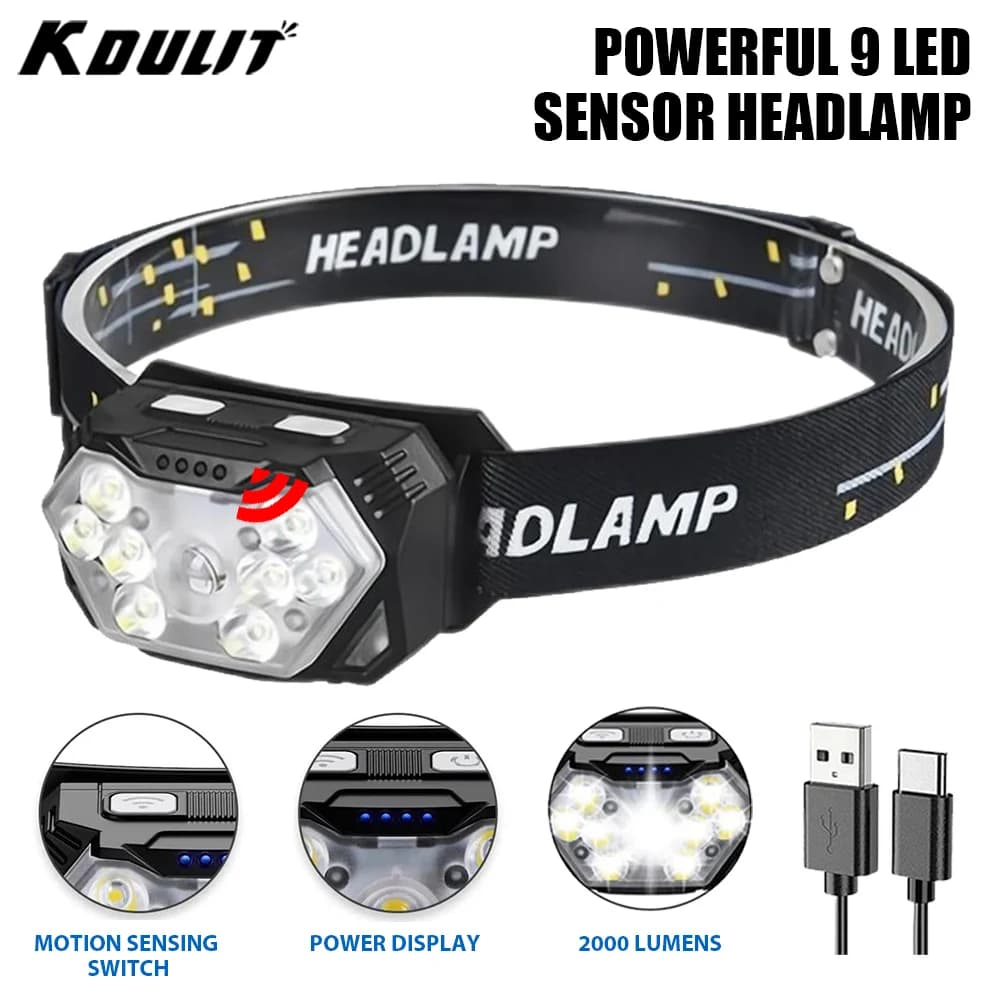 Potente lampada frontale con sensore LED Lampada frontale ricaricabile USB Torcia frontale a LED Luce di ricerca da campeggio con batteria incorporata Lanterna da pesca
