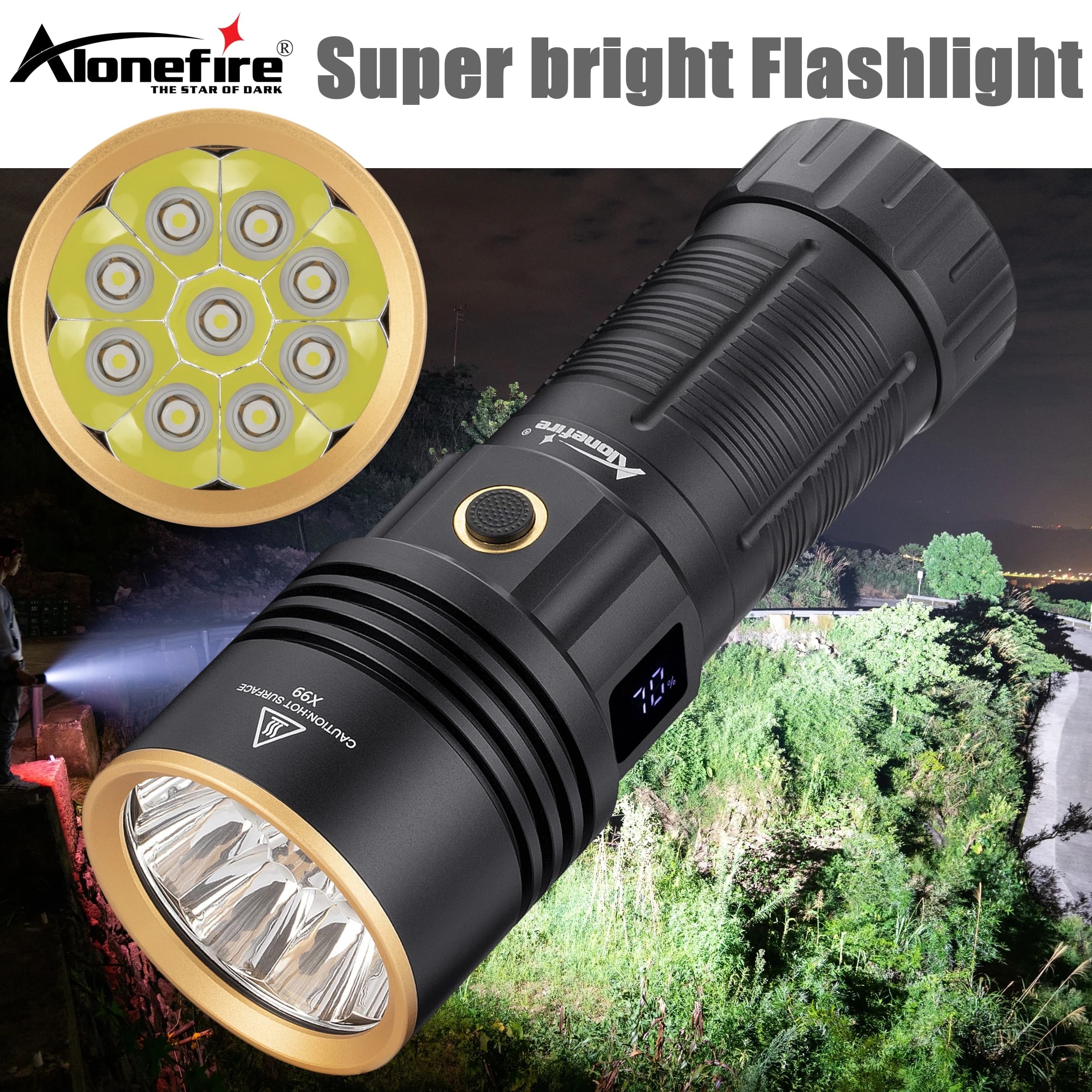 Torcia a LED 9x da 180W ad alta potenza, super luminosa, ricaricabile USB, con display LCD, potente per caccia, campeggio, escursionismo, pesca.