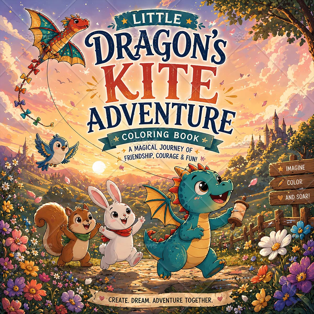 LITTLE DRAGON'S KITE ADVENTURE Coloring Book for Adult Featuring Bold-easy Patterns for Relaxation DIY Painting Drawing Book