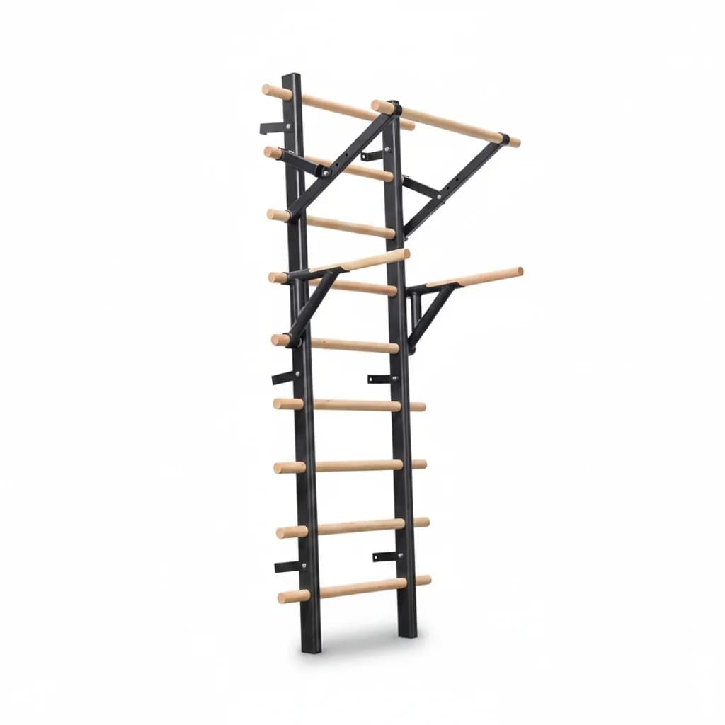 Scala svedese in legno e metallo 800 x 185 x 1979 mm, sbarre in legno con trave per trazioni, set per pilates da parete