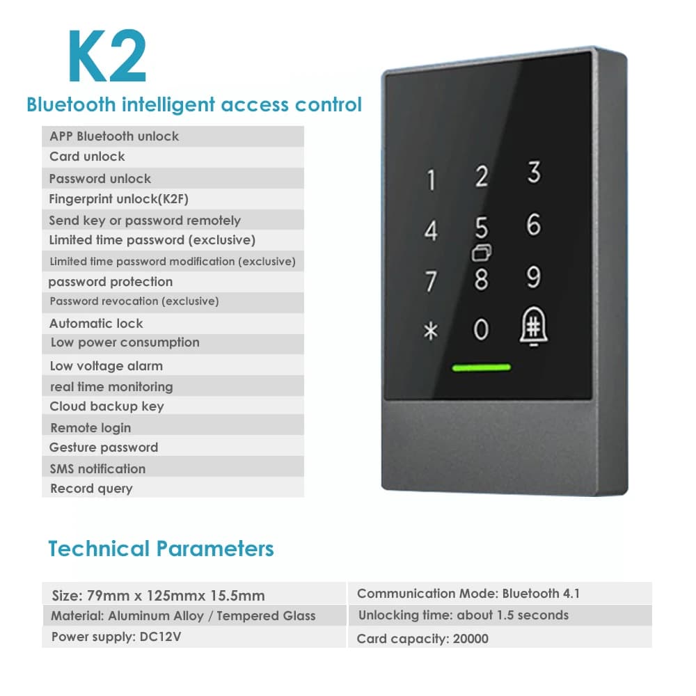 K2/K2F TTLOCK App Kit sistema di controllo accessi porta remota Password touch 13,56 Mhz RFID IP65 Antipioggia Bluetooth Wifi Gateway Suppo