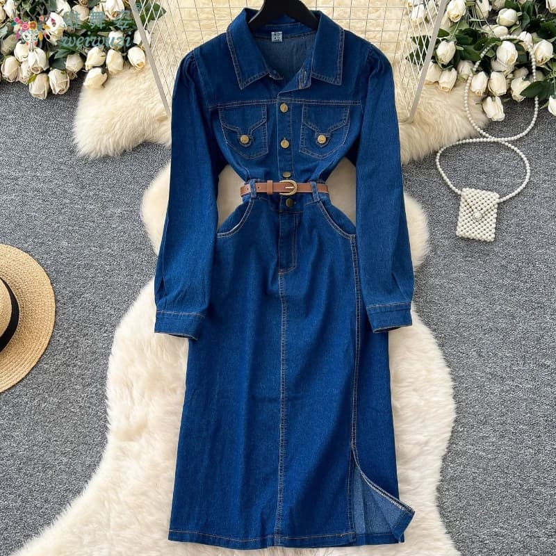 Women's Denim Dress Soft Autumn Design Divided High Quality Fashion Long Sleeved Denim Dresses With Belt Streetwear