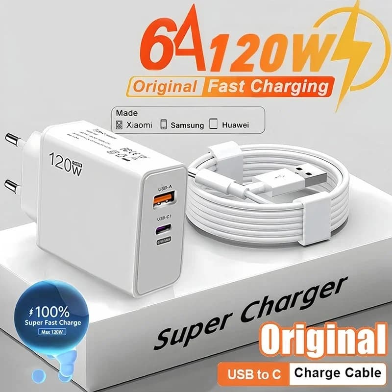 120W USB GaN Charger with QC3.0 PD Fast Charging, 6A Type C Phone Charger for iPhone, Samsung, Xiaomi, EU/US/UK Plug Adapter.
