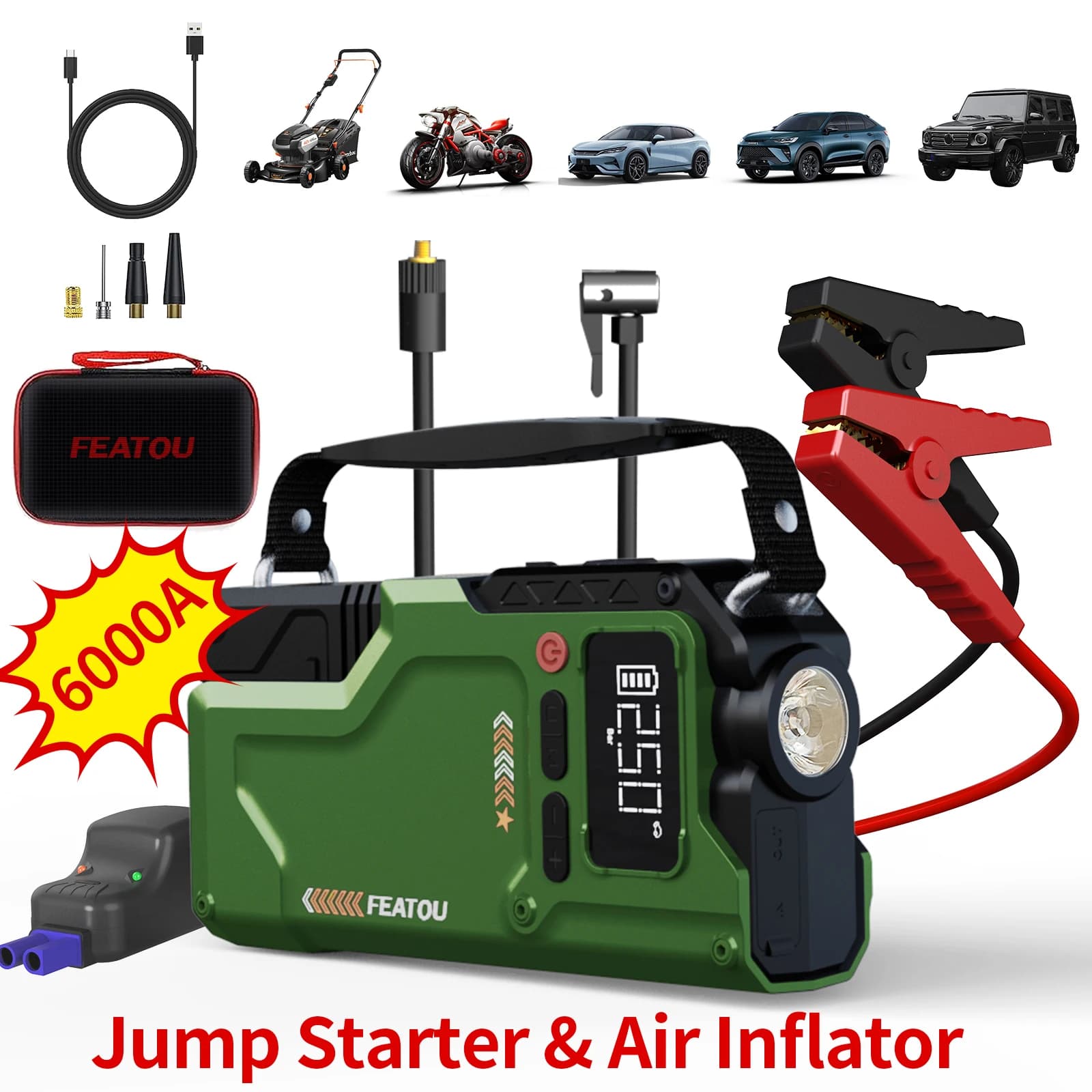Avviatore di emergenza 6000A con compressore d'aria, scatola di emergenza con funzione 5 in 1, pacco batteria JumpStarter da 150 PSl con gonfiatore digitale per pneumatici,