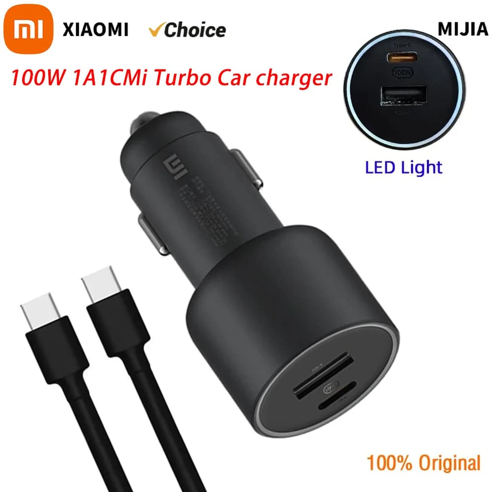 Xiaomi Mi Car Charger 100W MAX 1A1C Quick Charging Smart USB-A Dual-Port USB-C Device Fully Compatible with Bright Effect Display