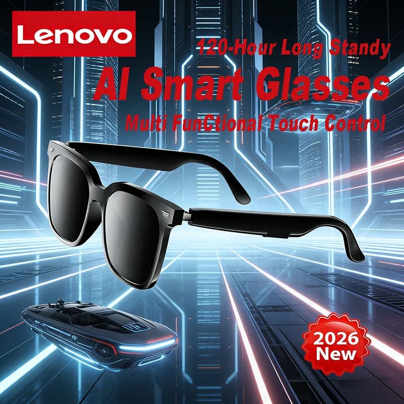 Lenovo AI Smart Glasses Wireless Bluetooth 5.4 with Vocal Assistant, Music Player, Sports Sunglasses, Friends Gift, News 2026