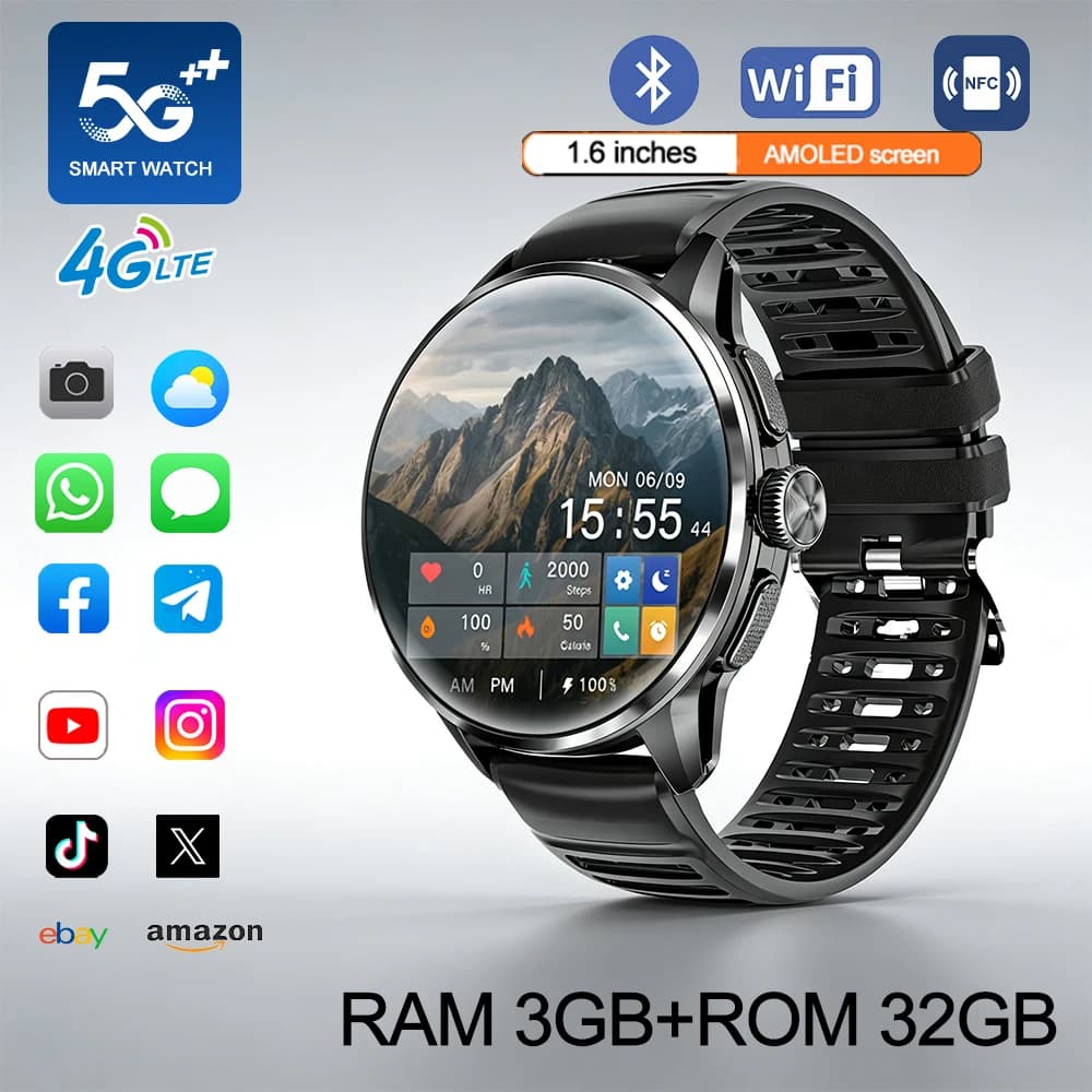 Smartwatch 4G/5G 2026 with 1.6 AMOLED Screen 480*480, 950mAh Battery, 200W Camera, GPS, Health Monitoring, Bluetooth Assistant