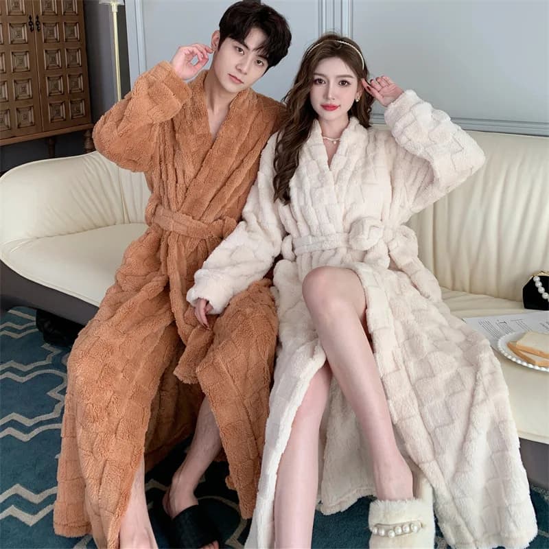 Autumn Winter Flannel Couple Dresses For Home Simple Sweet Comfortable Sexy Hot Long Night Shirt Men's Bathrobe Coral Fleece Bathrobe