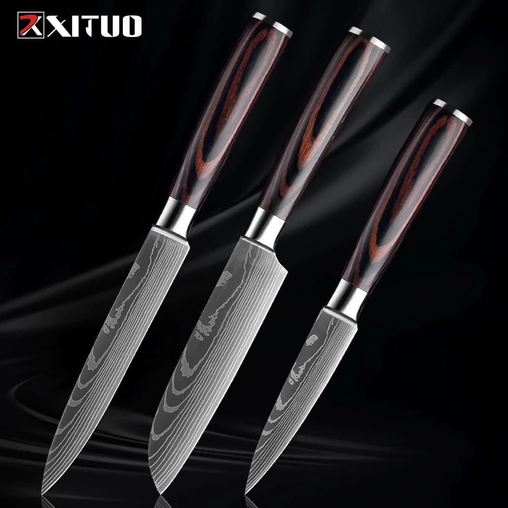 Coltello da Cucina Giapponese XITUO 1-3 Pezzi: Santoku, Coltello per Frutta, Coltello Multiuso, Manico in Legno Colorato, Motivo Damascato Laser, Acciaio Inossidabile Affilato