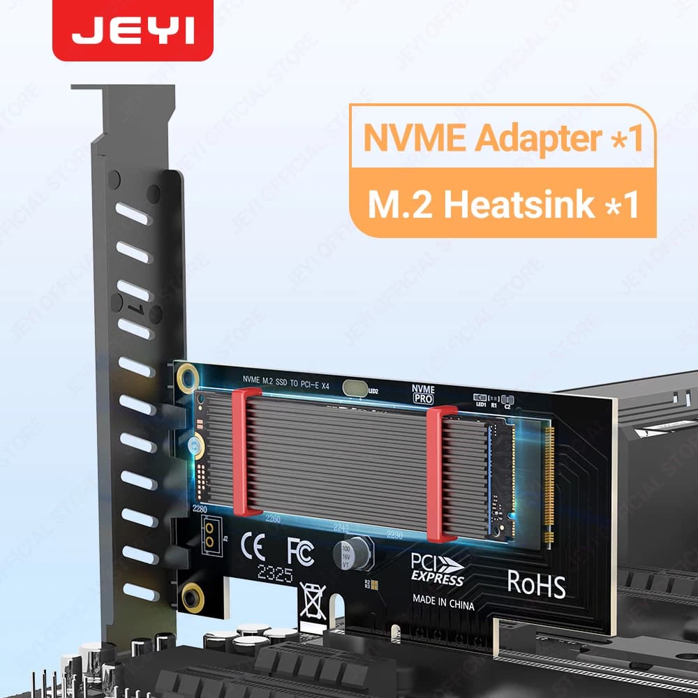 Adattatore JEYI M.2 PCIe a NVMe con dissipatore di calore in alluminio, scheda di espansione PCIe4.0 X4 NVMe M.2 da 64 Gbps, chiave M 2230/2242/2260/2280