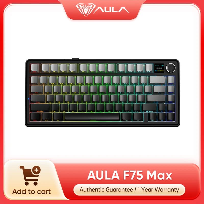 Tastiera da Gaming Wireless Aula F75 MAX con Schermo Digitale Intelligente e Manopola, 75% Hot Swappable, 3 Modalità, Retroilluminazione RGB, Tastiera Meccanica