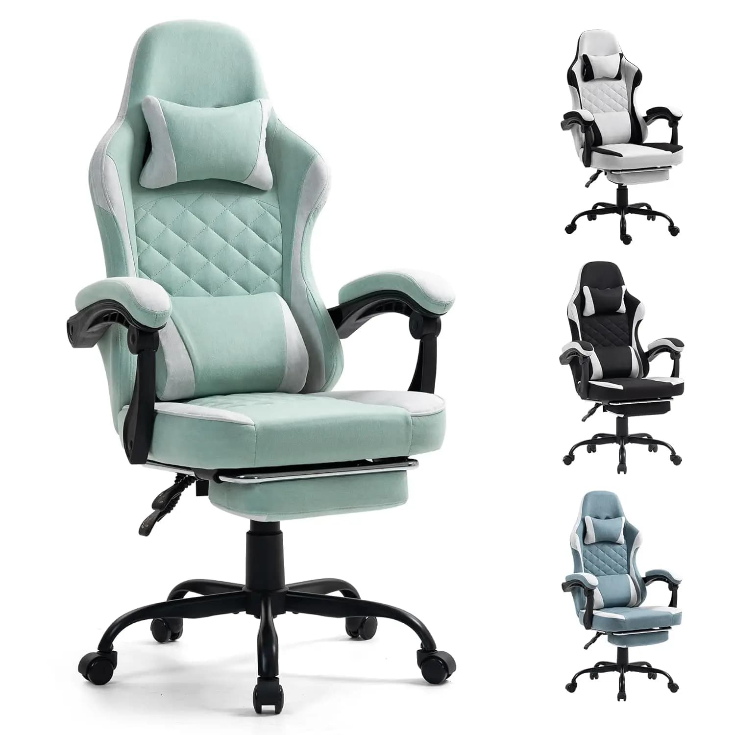 Sedia da Gaming Ergonomica con Poggiapiedi Reclinabile in Tessuto con Cuscino a Molle Grande e Alta per Ufficio e Casa Verde Personalizzabile