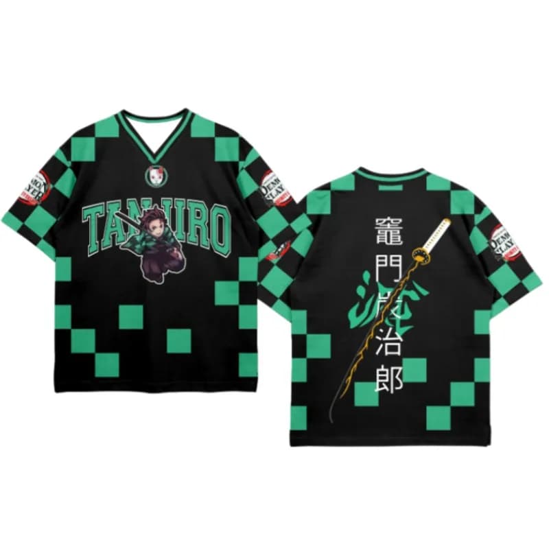 Nuova Maglietta da Uomo Demon Slayer Tanjiro Kamado con Motivo a Scacchi Stampato in 3D, Scollo a V, Abbigliamento Casual Elegante per Appassionati di Anime