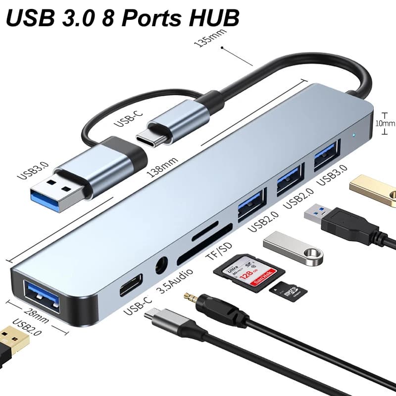 8-IN-1 USB TYPE-C 3.0 HUB 3.5MM Audio SD Card reader TF 5Gbps OTG For keyboard mouse hard drive Macbook Pro Laptop PC Phone