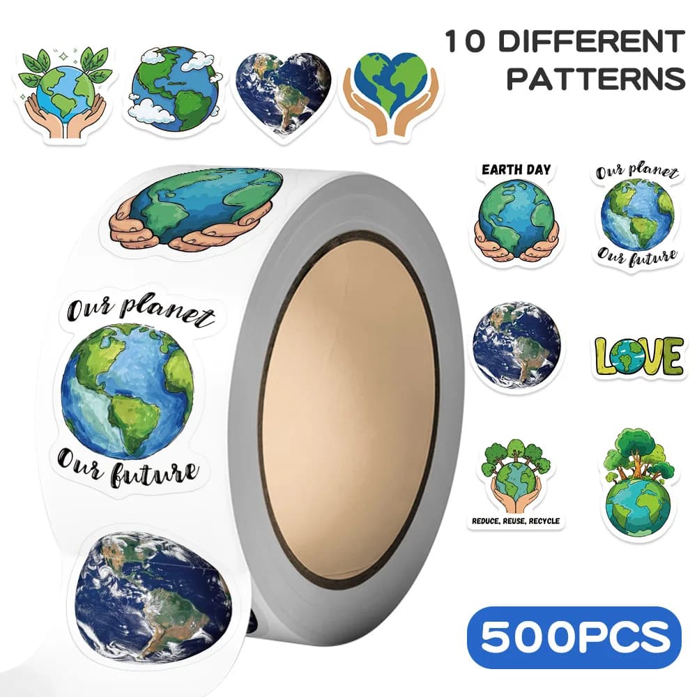 500 adesivi in rotolo per la protezione della Terra, decorazioni autoadesive a tema pianeta verde per scrapbook, diari, agende, quaderni scolastici.
