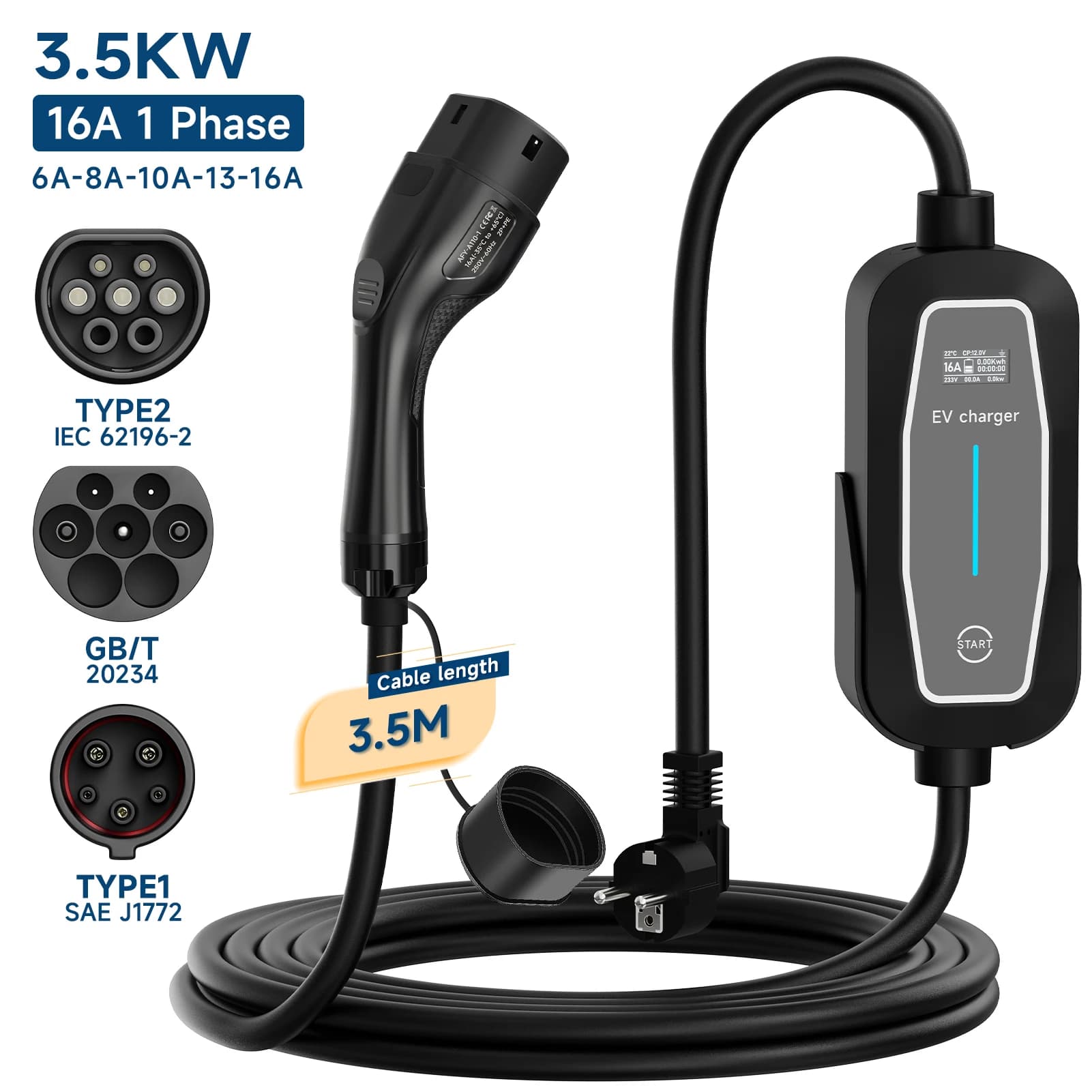 Portable Type2 IEC62196-2 EV Charger 3500W 16A Type1 SAE J1772 Electric Car Charger GB/T EVSE Charging Wallbox Charging Station