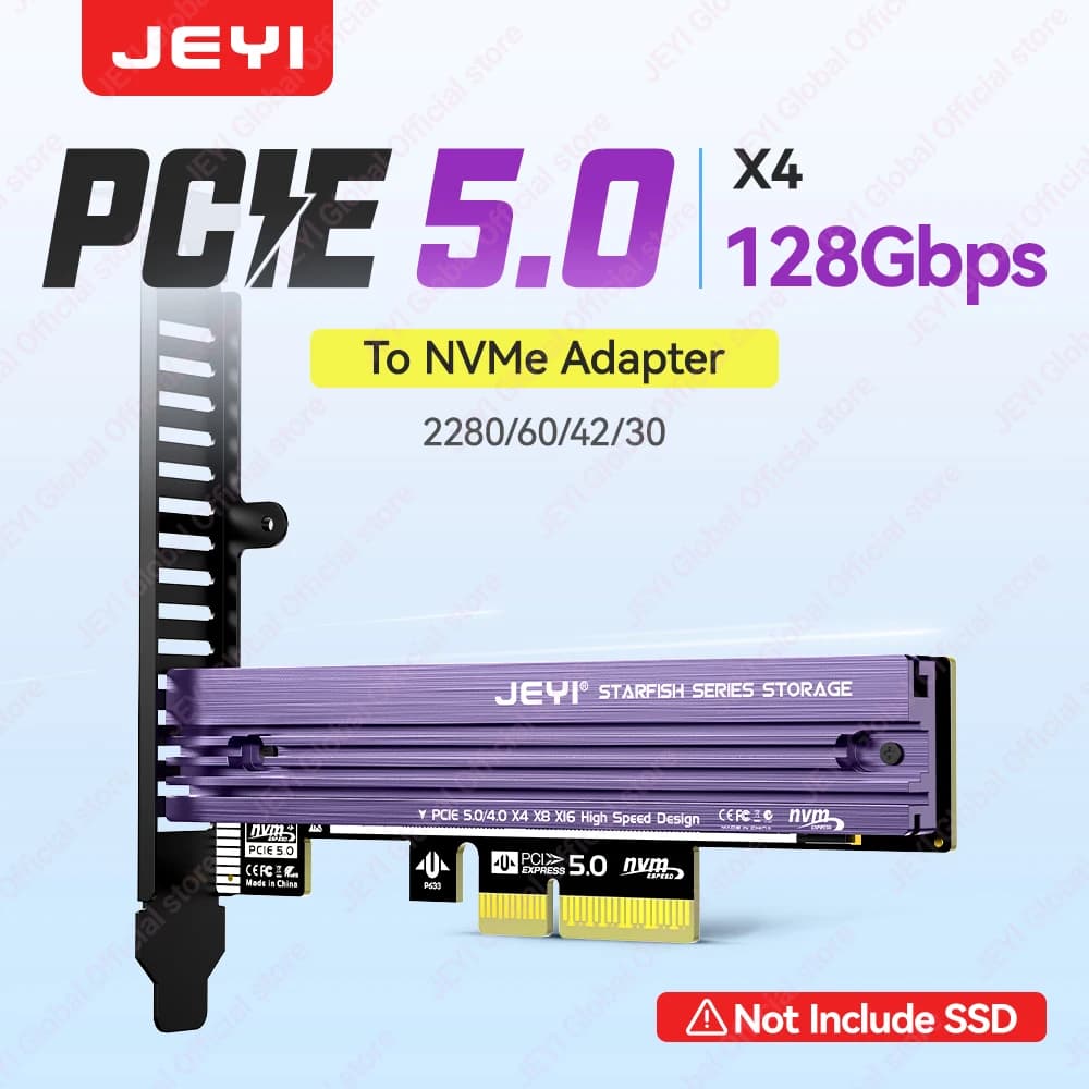 Scheda di espansione JEYI M.2 NVMe a PCIe 5.0 con dissipatore di calore in alluminio, scheda di conversione SSD NVMe M.2 da 128 Gbps, da M.2 a PCIe 5.0 X1/X4/X16