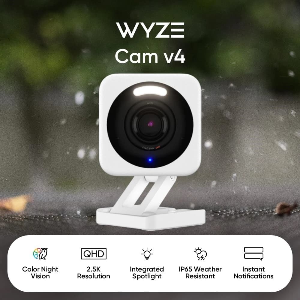 Wyze Cam v4, Telecamera di Sicurezza Wi-Fi 2K per Casa Intelligente, Spotlight/Sirena Attivati dal Movimento, Audio Bidirezionale, Monitor per Animali Domestici/Bambini da Esterno/Interno