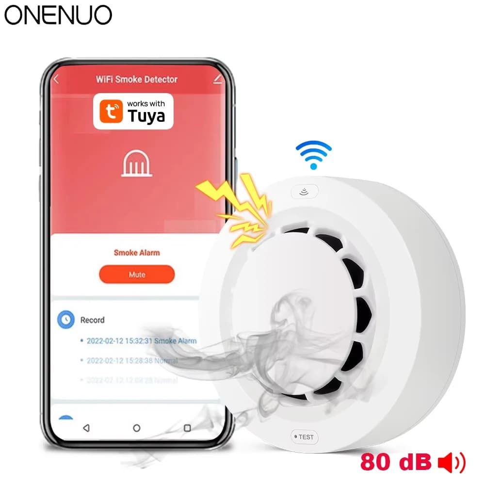 ONENUO Tuya WiFi Rilevatore di fumo Sensore fotoelettrico Allarme antincendio Sistema di sicurezza per cucina domestica Funziona con l'APP Smart Life