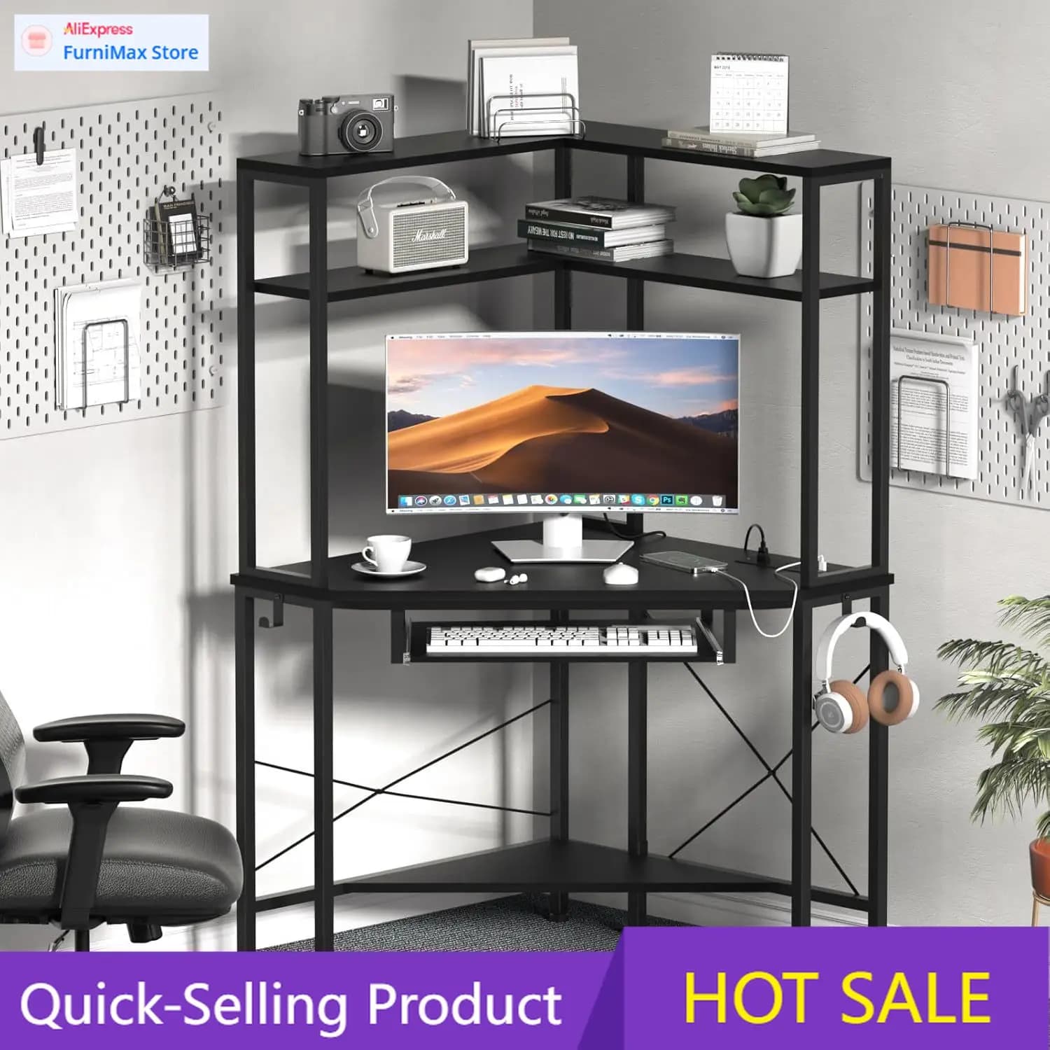Limited-time promotion: Corner desk with cabinet and LED lights, corner computer desk with keyboard tray and monitor support, small C