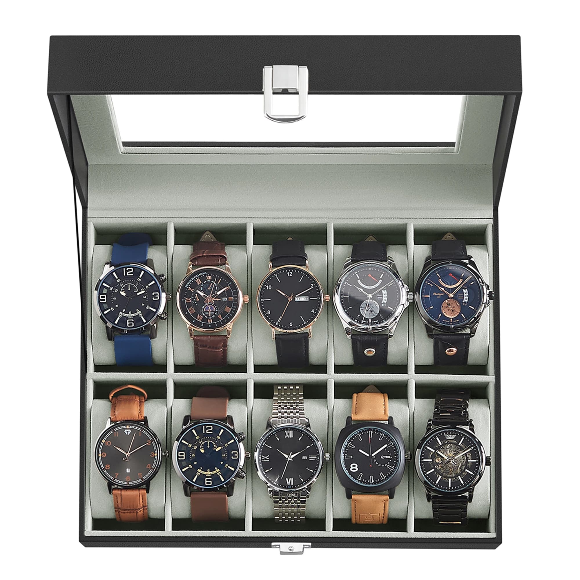 SONGMICS 10 Slot case watch case box with large glass cover large removable synthetic leather gift pillow for women