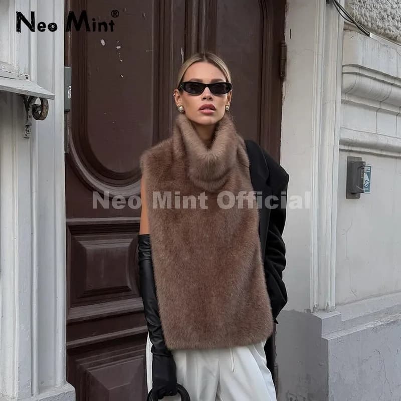 Neo Mint 2025 Brand fashion Synthetic fur Sable Vest Crop Top Autumn Winter Dolcevita Eco Facial fur Canotte Sleeveless jacket Coat