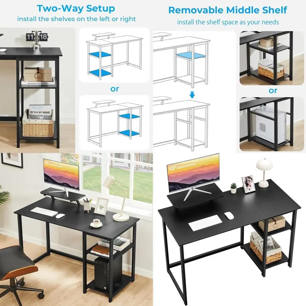 47 inch black modern computer desk with monitor support and storage space, suitable for use in home office