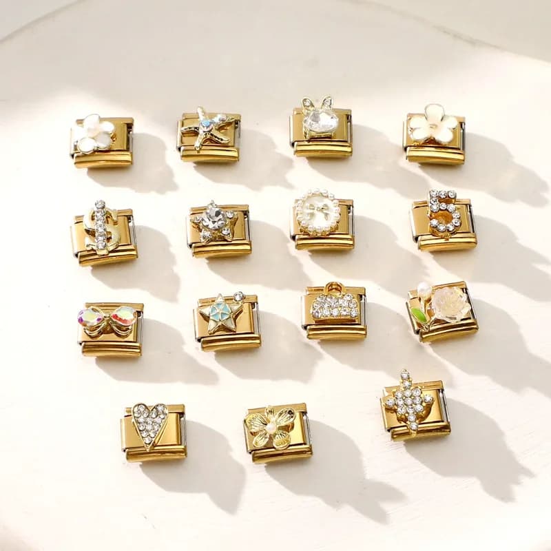 Shiny Zircon Rose Starfish Bag Bow Heart Cherry Star Gold Color Italian Charm Links Fit 9MM Stainless Steel Bracelet DIY Making
