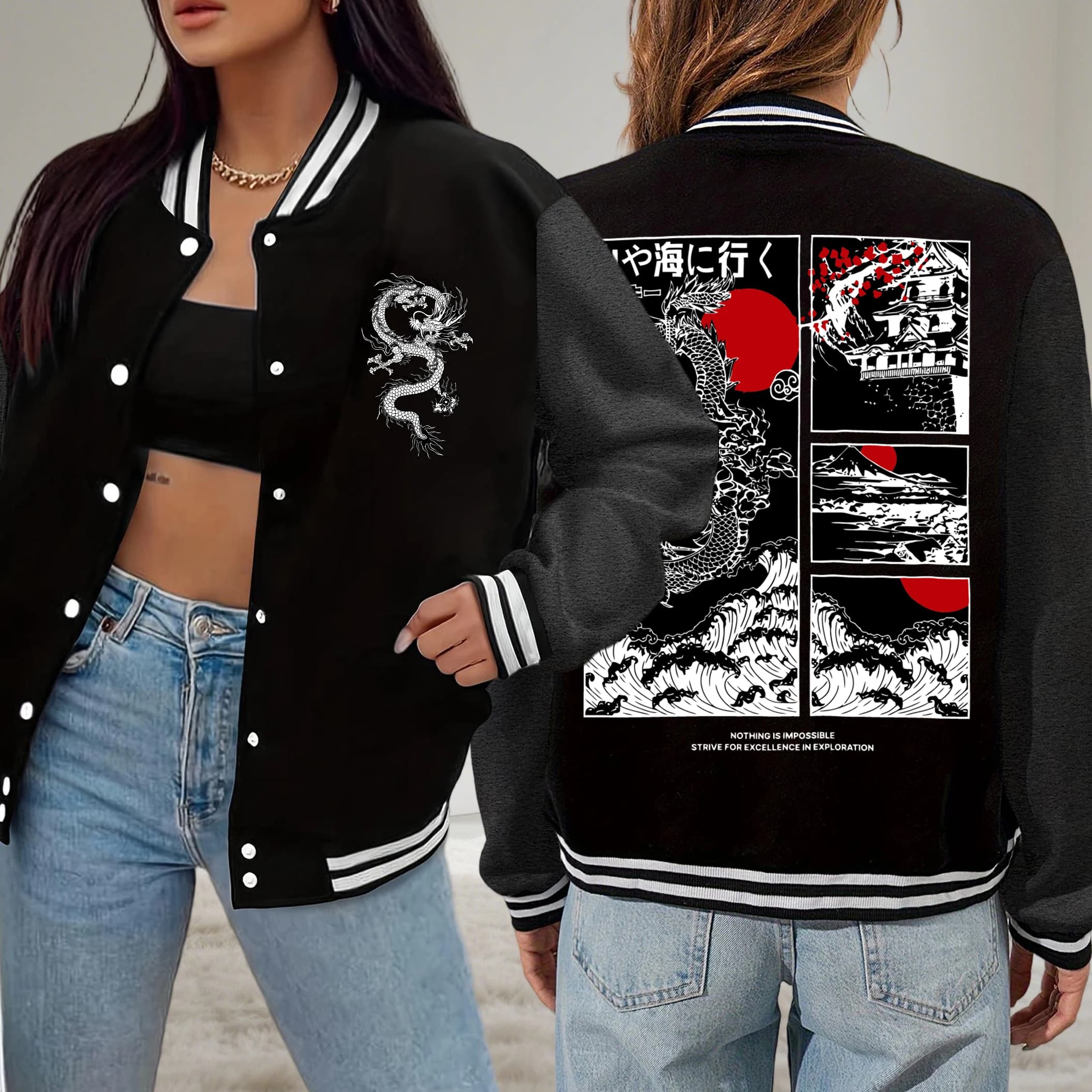 Women's Oversize Jackets Style Harajuku Japanese with Dragon Patterns, Cherry Flowers and Marine Waves, American Autumn Sports Clothing in Pile, Baseball Uniforms