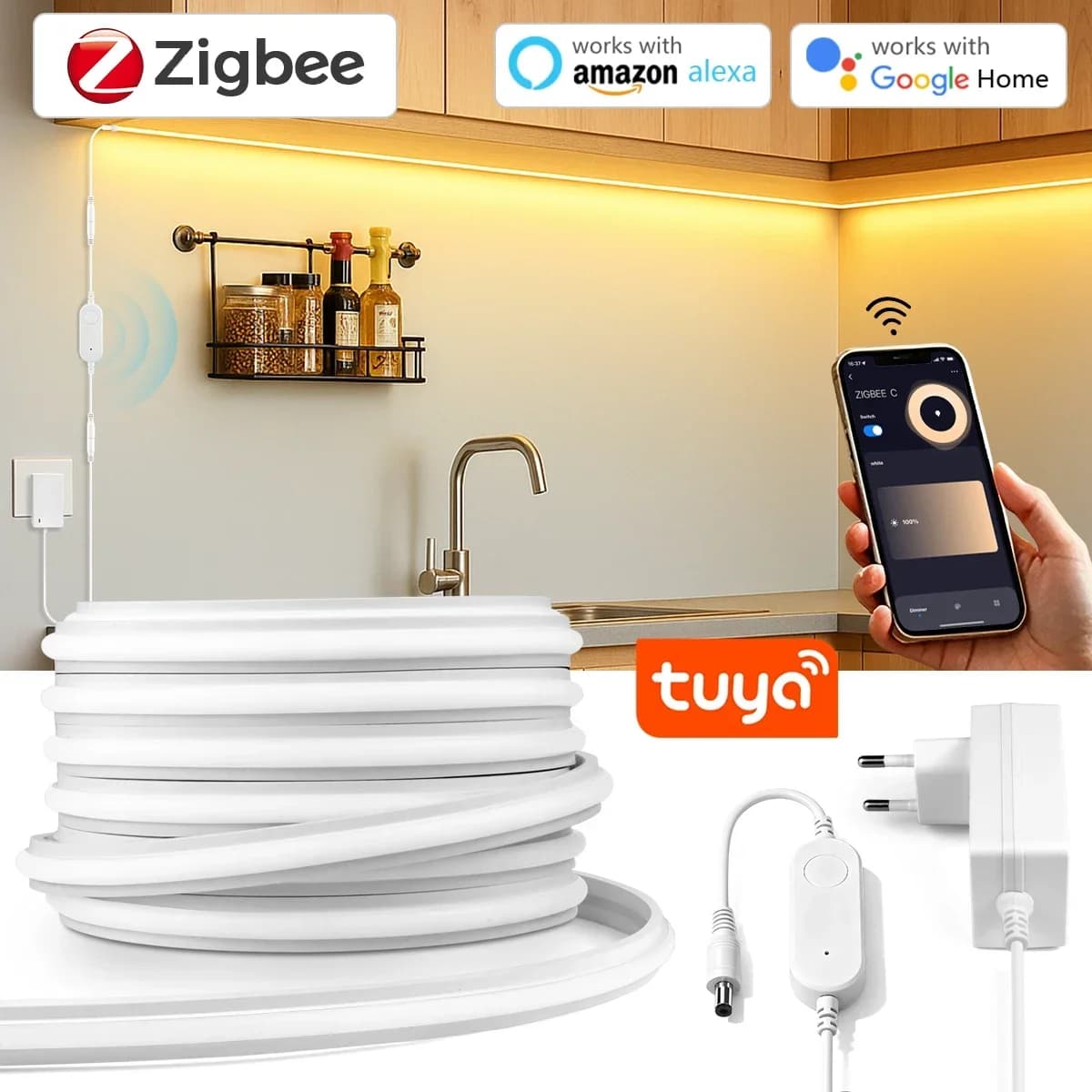 Striscia LED Neon Zigbee 3.0 24V con Controllo APP, Regolazione Luminosità, Tubo in Silicone Puro al 100%, Lampada per Armadietto da Cucina, Interruttore Zigbee