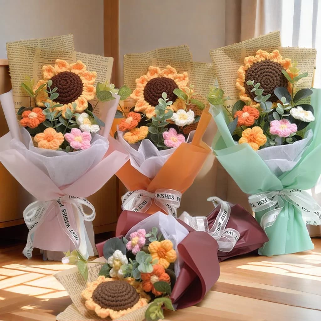 Crochet Artificial Flowers Bouquet Handmade Anniversary Sunflower Daisy Bouquet Mother's Day Birthday Gift Eternal Flower