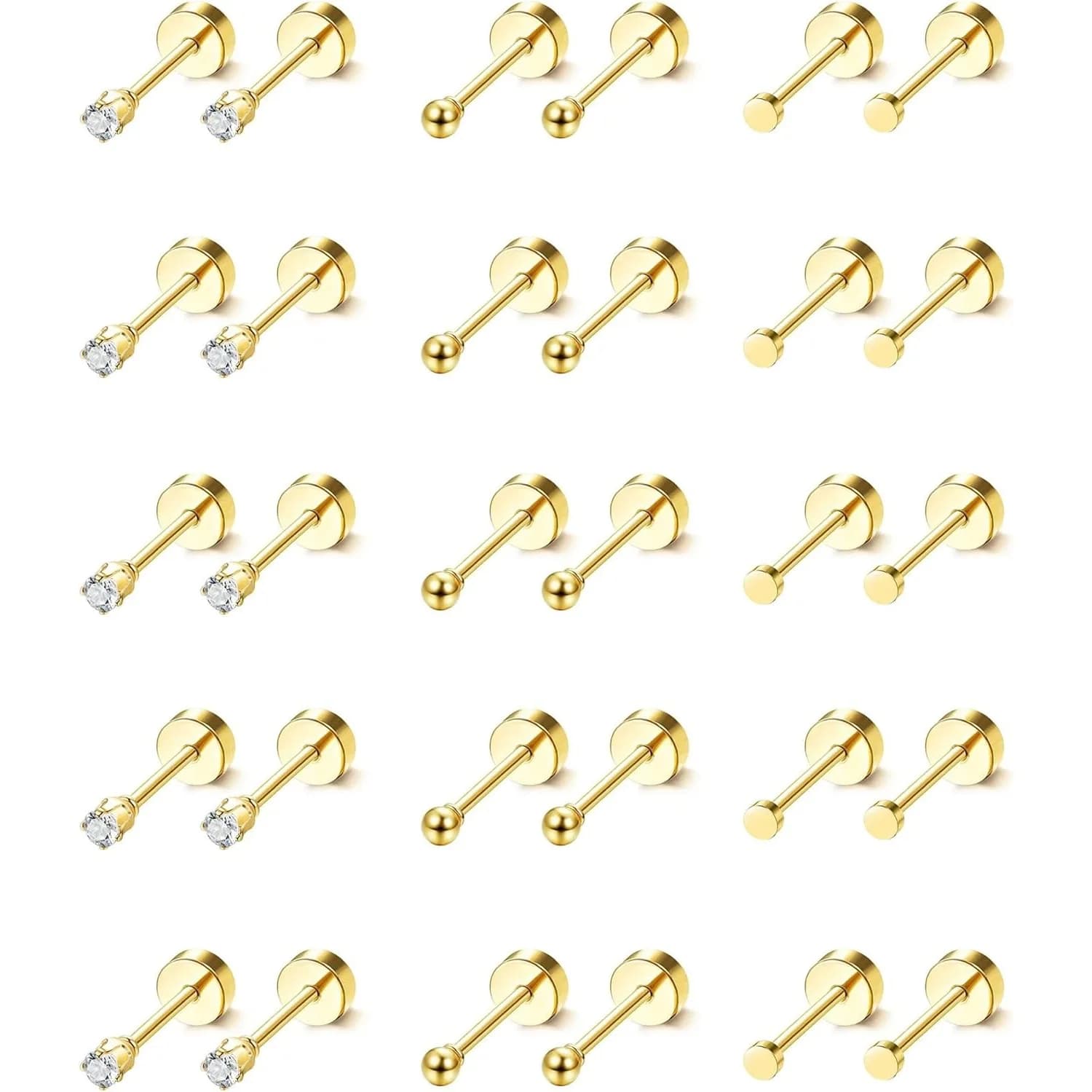 15 pairs of small button earrings in stainless steel plated gold for woman CZ ballpoint ball screw back plate jewelry earrings 2mm 20G