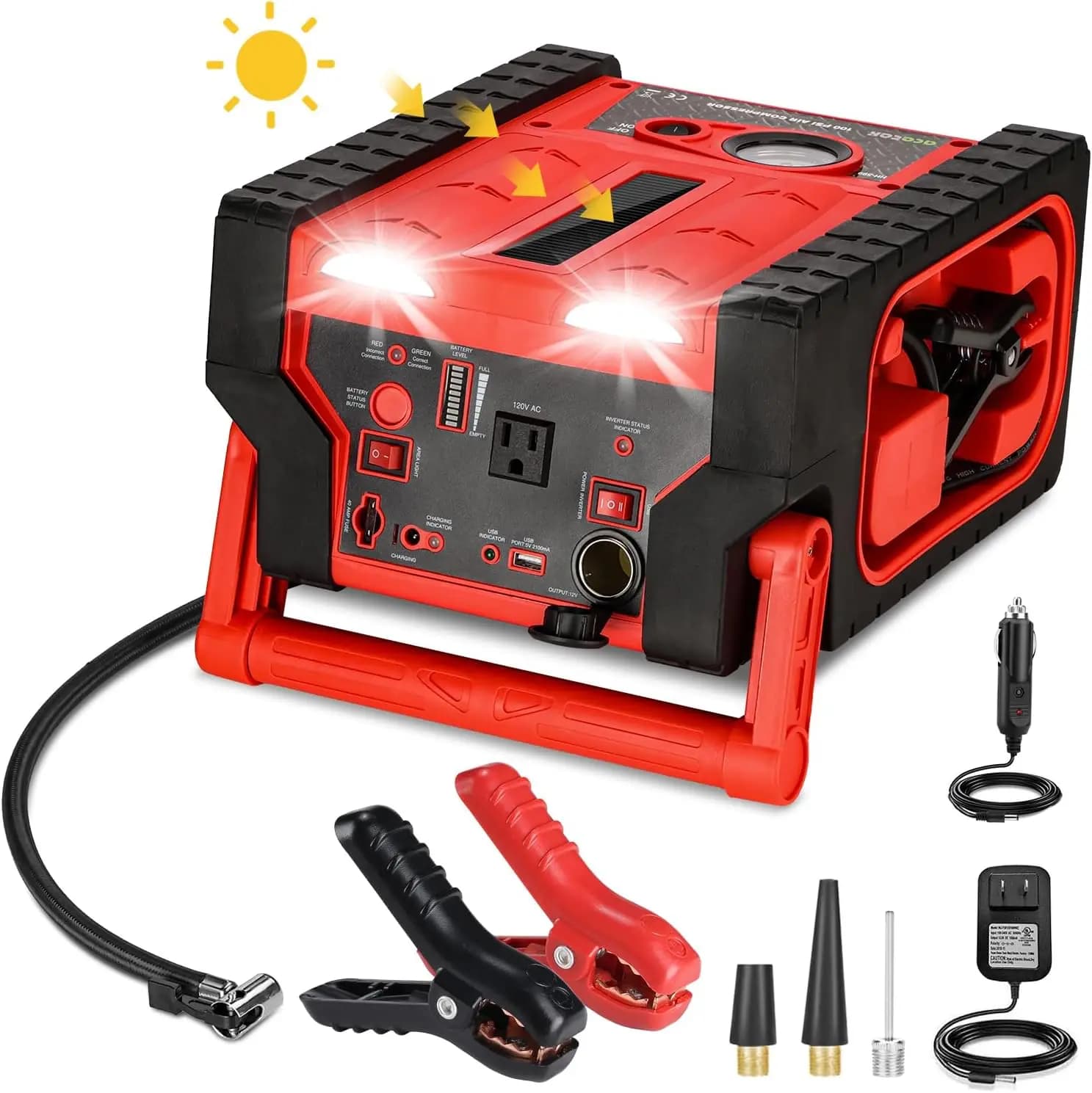 Avviatore solare da 12 V 2000 A, centrale elettrica da 20000 mAh con pompa ad aria da 100 PSI, inverter da 400 W, porte USB/CA, luce LED