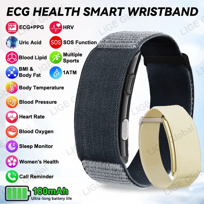 New LIGE Smart Bracelet for Nurses with ECG+PPG, Lipid Monitoring, Urico Acid, BMI, Body Temperature, Fitness and Health