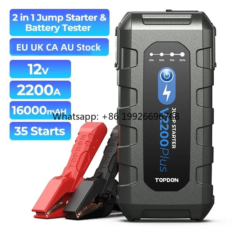 V2200Plus 2200A 12V 16000mAH Avviatore di Emergenza Portatile per Moto, Camion e Auto con Tester Batteria