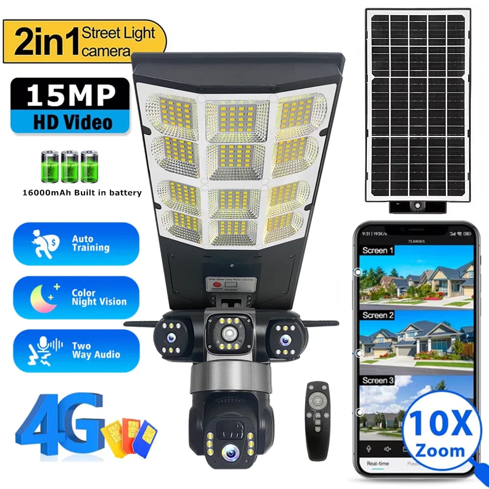 4G 15MP Zoom 10X Solar Street Lighting Camera Three Target Recording Humanoid Monitor Outdoor Camera Lamp Waterproof Remote Control