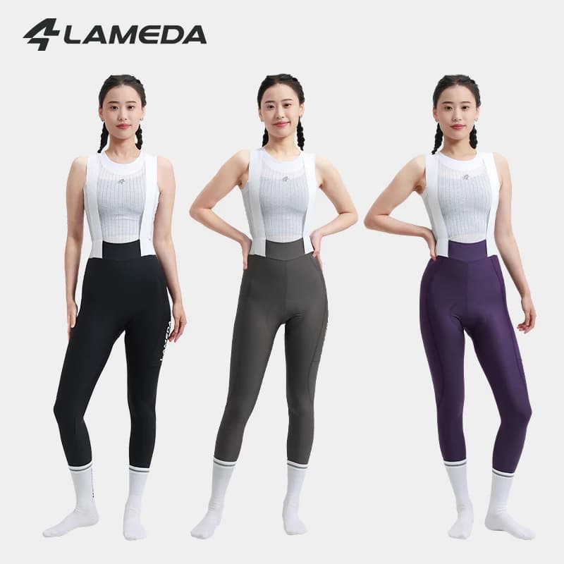 LAMEDA Bavaglini da ciclismo da donna Pantaloni a doppia freccia imbottiti a vita alta Pantaloni da ciclismo primavera estate Leggings da ciclismo su strada con tasche