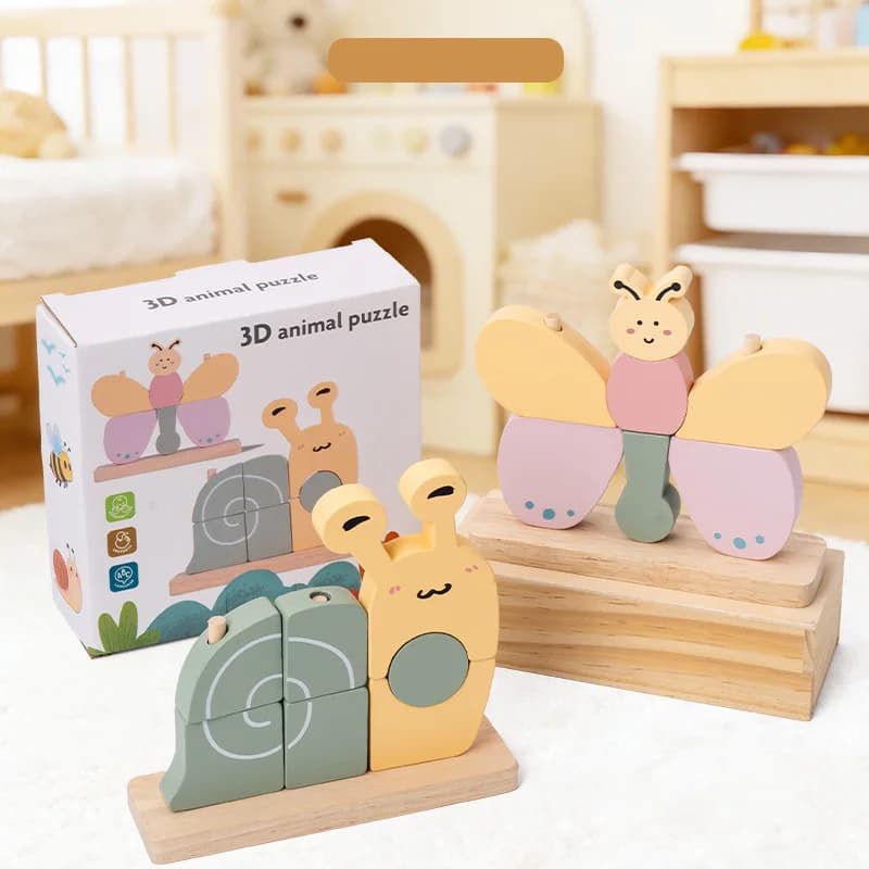 Puzzle 3D a blocchi con animali per bambini, gioco creativo Montessori con forme di farfalla e lumaca, gioco di abbinamento per lo sviluppo delle capacità motorie fini.