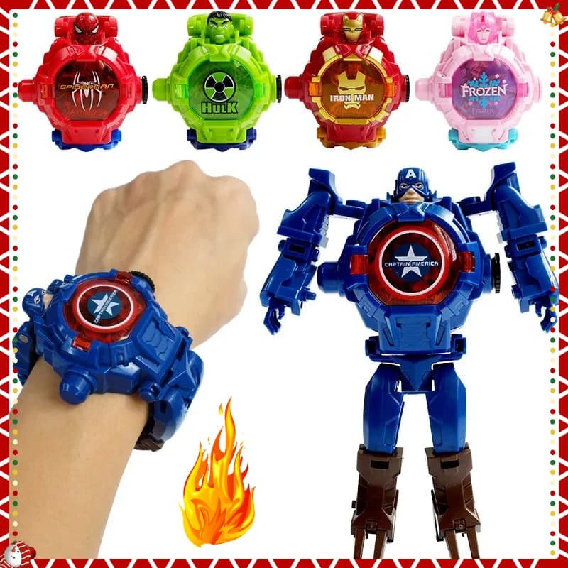 Hot Marvel Iron Man Spiderman Cartoons Kids watch Deformation Robot 3d LED Luminous watch Kids model Toy watch 2025